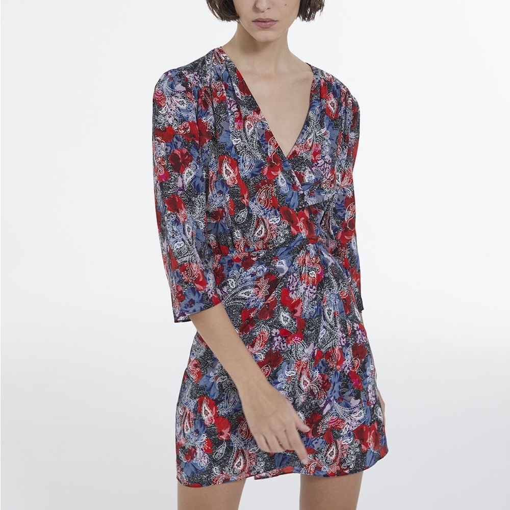 The Kooples Quiet Luxury Indie Silk Multicolour Western Floral Wrap Dress Size 4